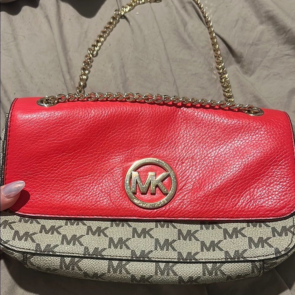 Michael Kors Red Leather & Signature Canvas Chain Shoulder Bag